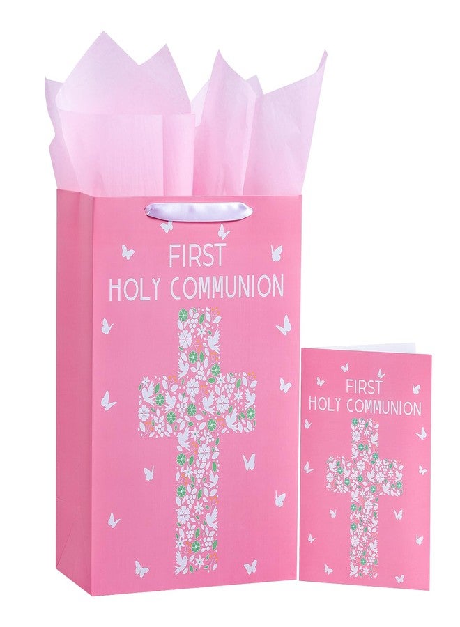 WRAPAHOLIC 13" Large Gift Bag with Card and Tissue Paper - Pink Cross with Floral and Dove Design for First Communion, Baby Girl Baptisms, Christenings, Religious - Image 1