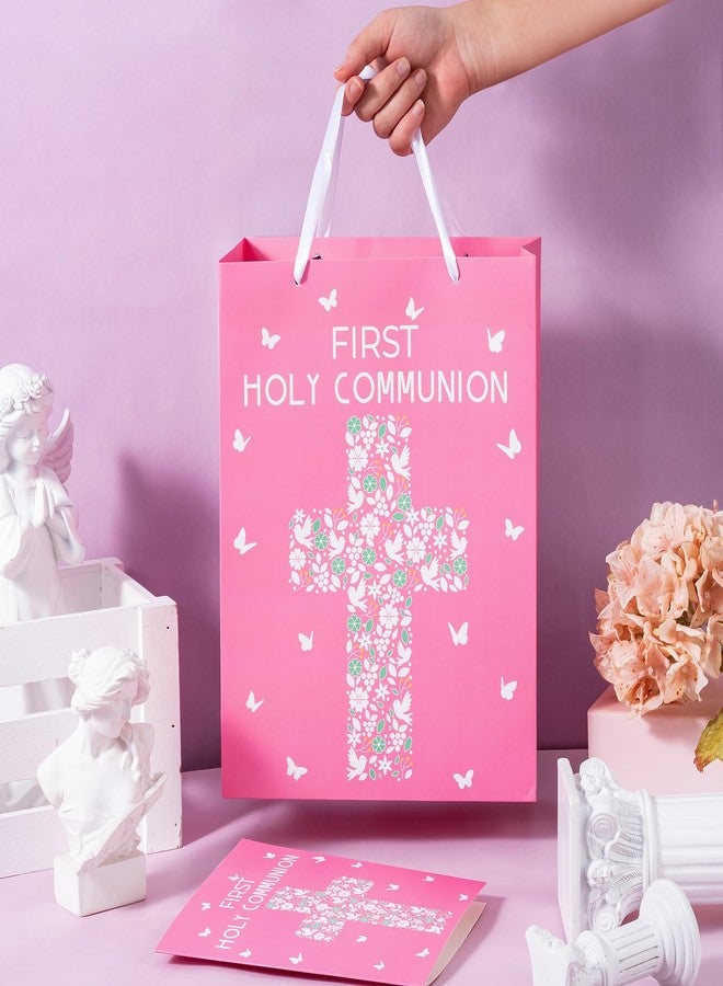 WRAPAHOLIC 13" Large Gift Bag with Card and Tissue Paper - Pink Cross with Floral and Dove Design for First Communion, Baby Girl Baptisms, Christenings, Religious - Image 5