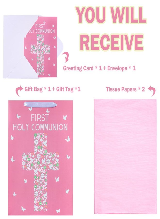 WRAPAHOLIC 13" Large Gift Bag with Card and Tissue Paper - Pink Cross with Floral and Dove Design for First Communion, Baby Girl Baptisms, Christenings, Religious - Image 3