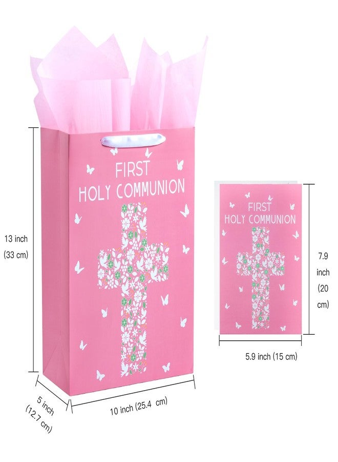 WRAPAHOLIC 13" Large Gift Bag with Card and Tissue Paper - Pink Cross with Floral and Dove Design for First Communion, Baby Girl Baptisms, Christenings, Religious - Image 2