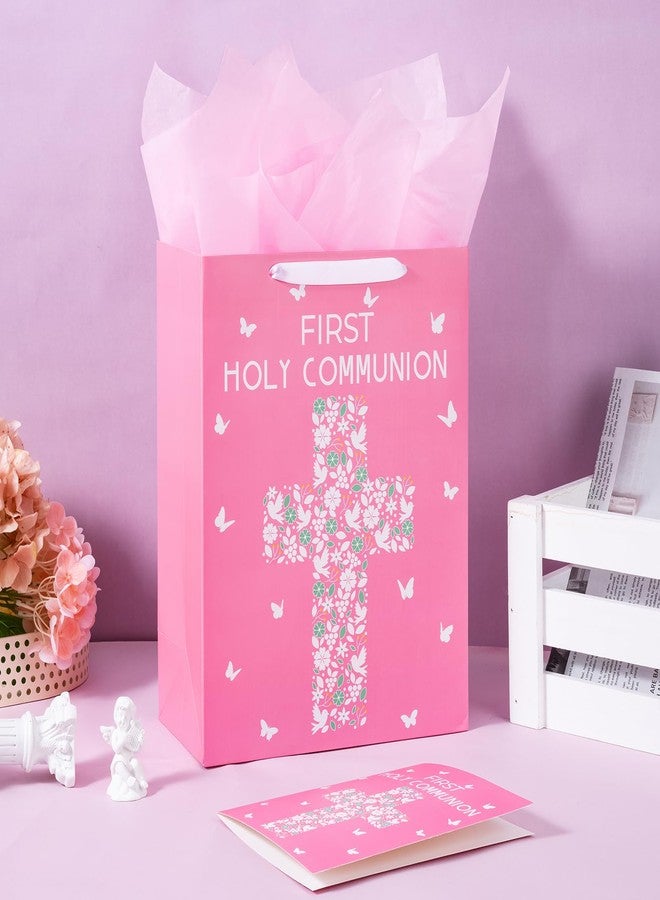 WRAPAHOLIC 13" Large Gift Bag with Card and Tissue Paper - Pink Cross with Floral and Dove Design for First Communion, Baby Girl Baptisms, Christenings, Religious - Image 4