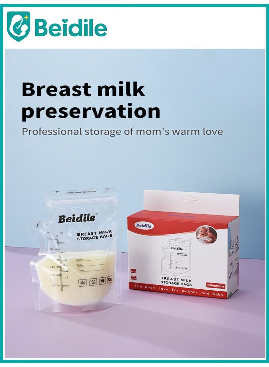Beidile Breast Milk Storage Bags – 250ml Pre-Sterilized Leak-Proof Breast Milk Bags, BPA-Free Double Zipper, Freezer Safe, 30pcs
