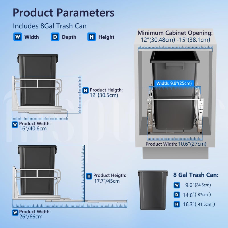 Insputer 8 Gal Pull Out Trash Can Under Cabinet, Heavy Duty Under Sink Garbage Can Kit with Soft-Close Slides for Kitchen, Laundry, Requires Minimum Cabinets Opening 12" W X 18" D - Image 3