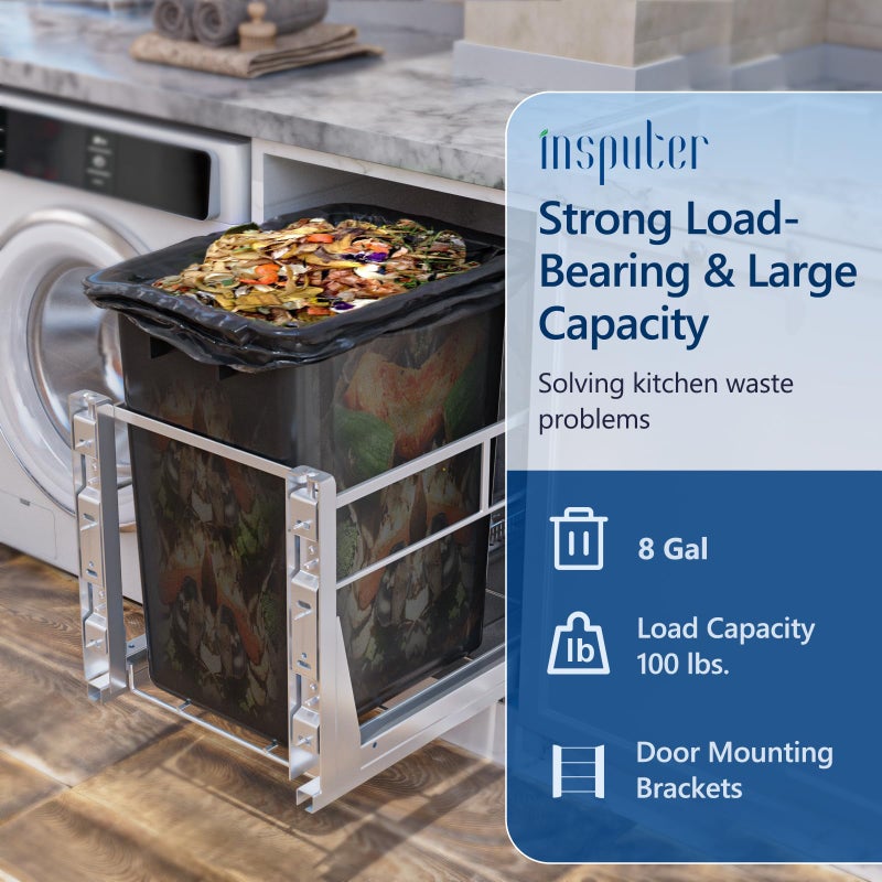 Insputer 8 Gal Pull Out Trash Can Under Cabinet, Heavy Duty Under Sink Garbage Can Kit with Soft-Close Slides for Kitchen, Laundry, Requires Minimum Cabinets Opening 12" W X 18" D - Image 2