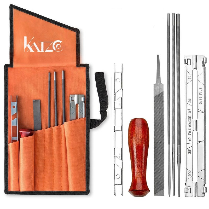 Katzco Chainsaw Sharpener File Kit - Contains 5/32, 3/16, and 7/32 Inch Files, Wood Handle, Depth Gauge, Filing Guide, and Tool Pouch - for Sharpening and Filing Chainsaws and Other Blades - Image 1