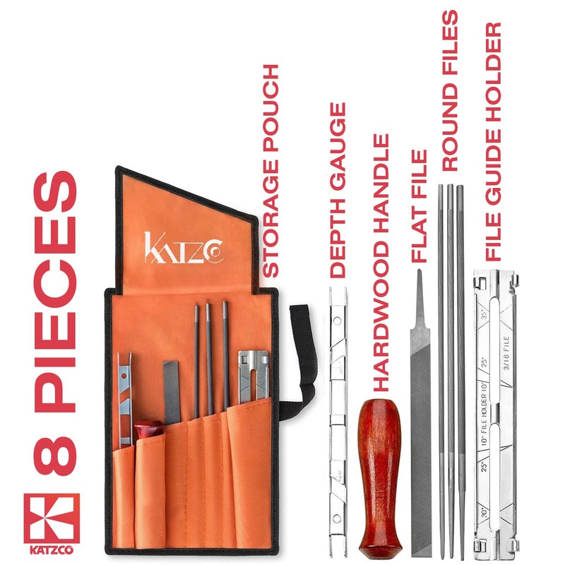 Katzco Chainsaw Sharpener File Kit - Contains 5/32, 3/16, and 7/32 Inch Files, Wood Handle, Depth Gauge, Filing Guide, and Tool Pouch - for Sharpening and Filing Chainsaws and Other Blades - Image 3