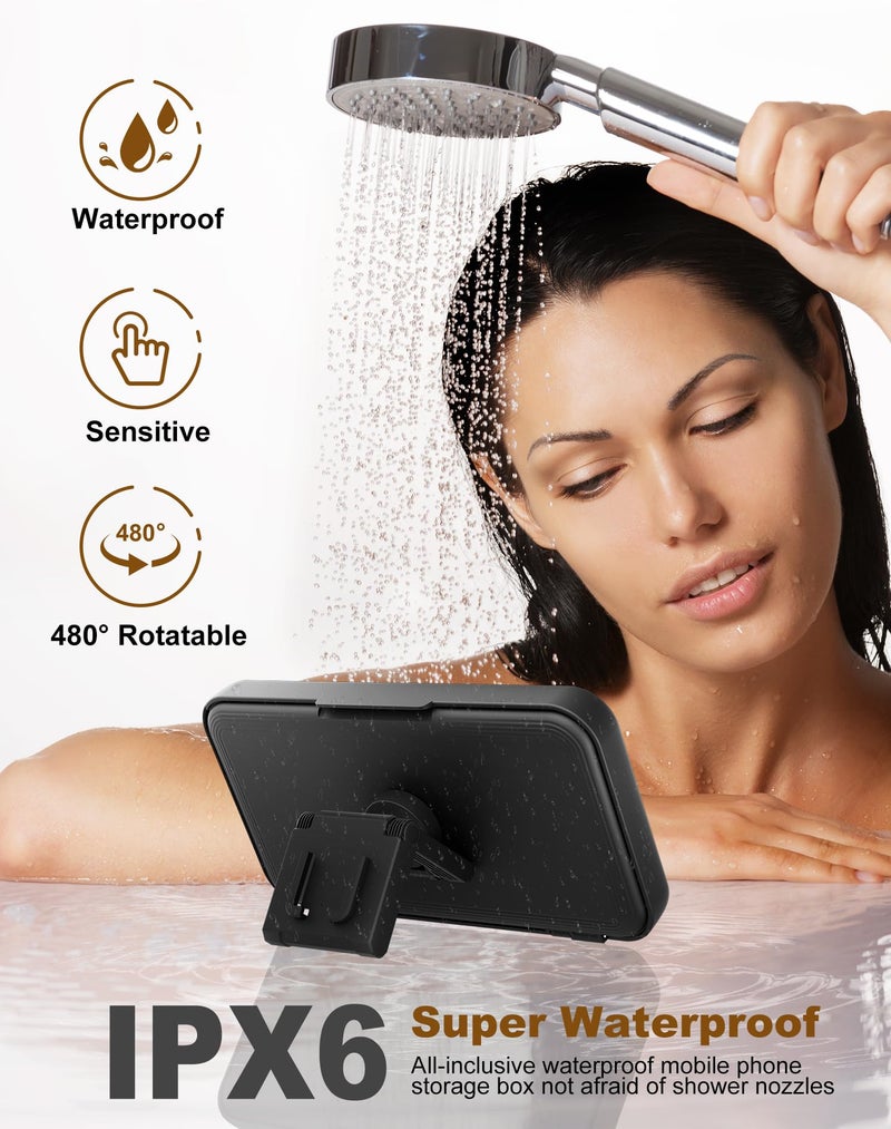 TOCHIO Upgraded Shower Phone Mount Waterproof with Speaker Hole Touch Screen Shower Phone Stand Holder for Bathroom Bathtub Kitchen Wall Mirror for iPhone 1716 15 14 13 12 11 Pro XS XR Max (Black) - Image 2
