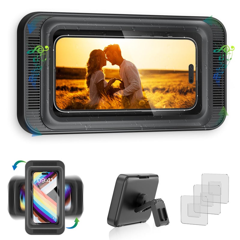 TOCHIO Upgraded Shower Phone Mount Waterproof with Speaker Hole Touch Screen Shower Phone Stand Holder for Bathroom Bathtub Kitchen Wall Mirror for iPhone 1716 15 14 13 12 11 Pro XS XR Max (Black) - Image 1