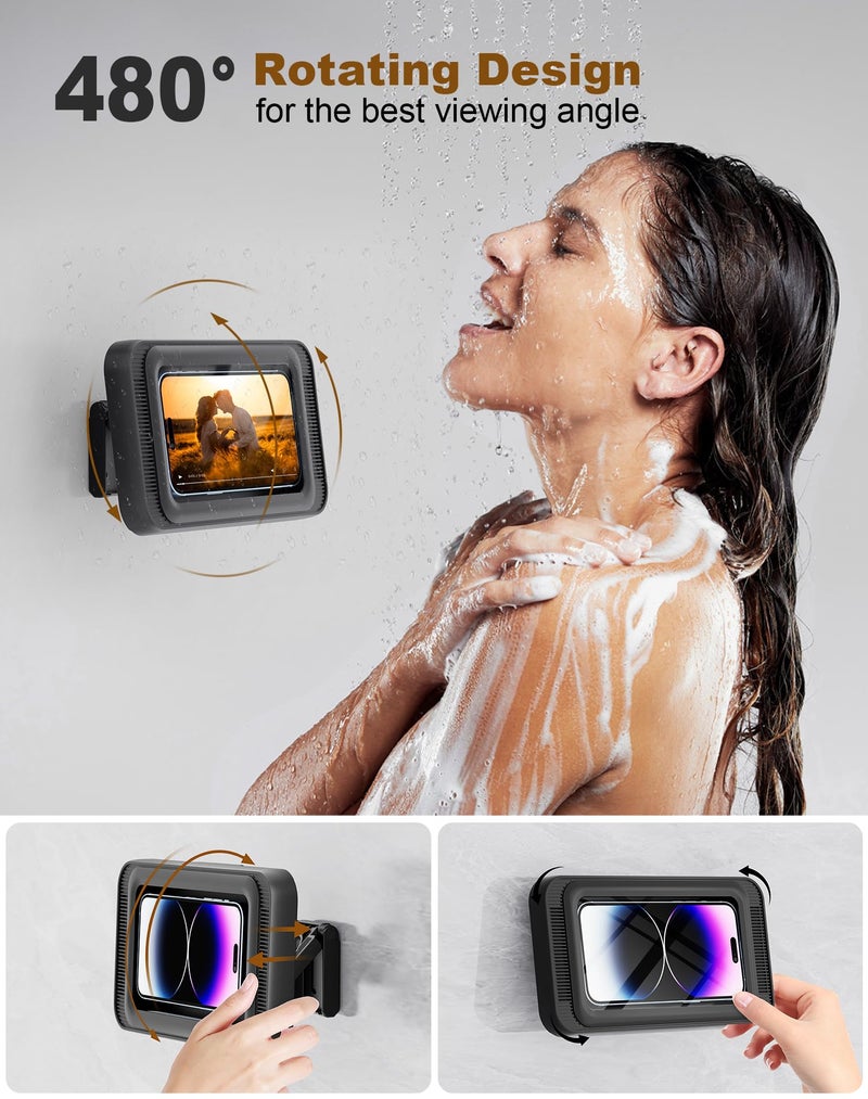 TOCHIO Upgraded Shower Phone Mount Waterproof with Speaker Hole Touch Screen Shower Phone Stand Holder for Bathroom Bathtub Kitchen Wall Mirror for iPhone 1716 15 14 13 12 11 Pro XS XR Max (Black) - Image 4