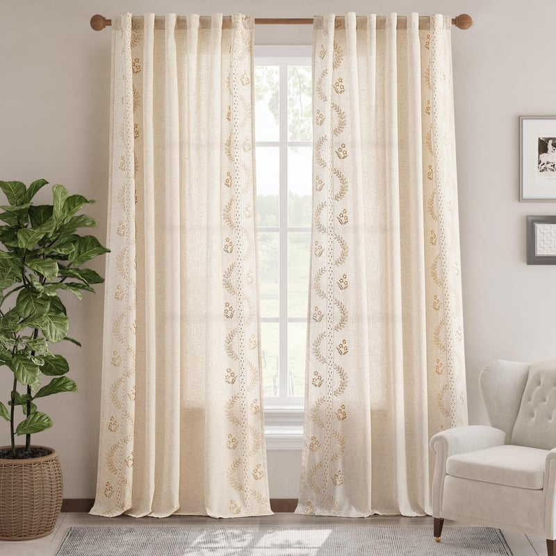 jinchan Belrose Linen Curtains for Bedroom Floral Curtains 96 Inch Length Linen Blend Beige Embroidered Drapes Farmhouse Flower Patterned Drapes for Living Room Window Treatments Set 2 Panels - Image 2