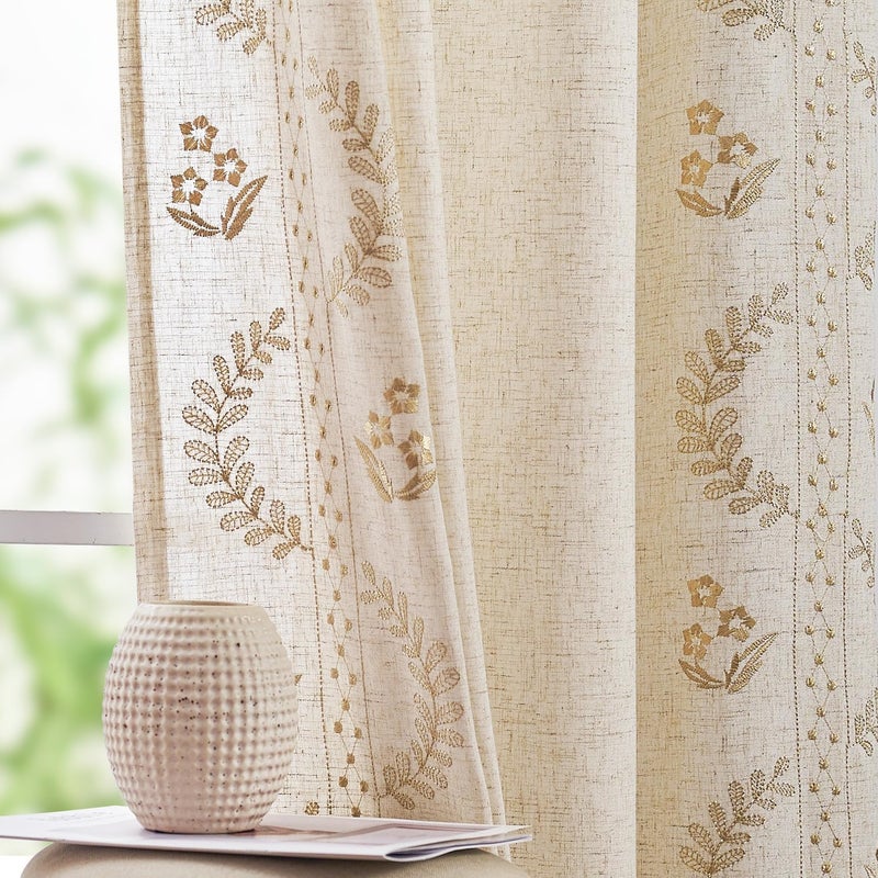 jinchan Belrose Linen Curtains for Bedroom Floral Curtains 96 Inch Length Linen Blend Beige Embroidered Drapes Farmhouse Flower Patterned Drapes for Living Room Window Treatments Set 2 Panels - Image 1