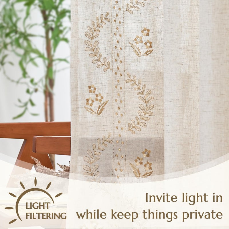 jinchan Belrose Linen Curtains for Bedroom Floral Curtains 96 Inch Length Linen Blend Beige Embroidered Drapes Farmhouse Flower Patterned Drapes for Living Room Window Treatments Set 2 Panels - Image 5