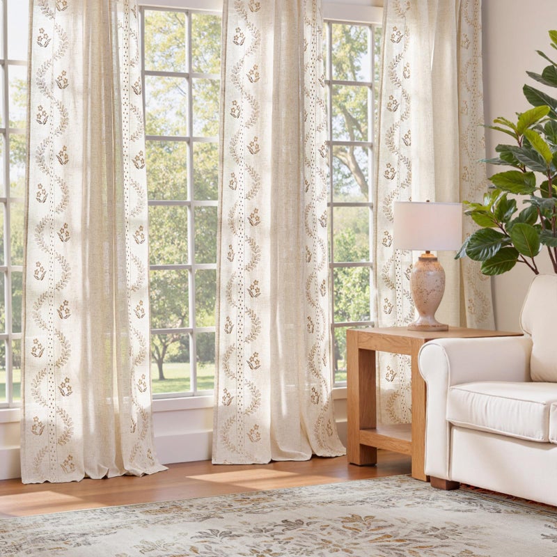 jinchan Belrose Linen Curtains for Bedroom Floral Curtains 96 Inch Length Linen Blend Beige Embroidered Drapes Farmhouse Flower Patterned Drapes for Living Room Window Treatments Set 2 Panels - Image 3