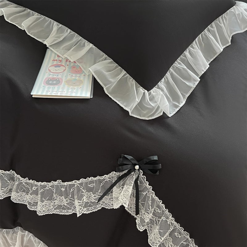 MOOWOO Chic Lace Ruffled Bedding Set with Cute Bowtie,Girls Vctoria Princess Style Bedding-2 Piece Twin Duvet Cover with Zipper Closure -Ultra Soft and Light Weight-No Comforter - Image 5