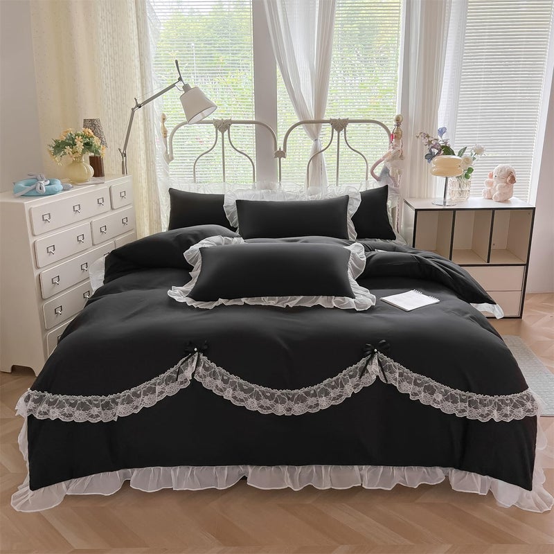 MOOWOO Chic Lace Ruffled Bedding Set with Cute Bowtie,Girls Vctoria Princess Style Bedding-2 Piece Twin Duvet Cover with Zipper Closure -Ultra Soft and Light Weight-No Comforter - Image 1