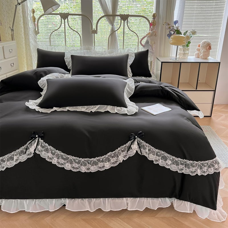 MOOWOO Chic Lace Ruffled Bedding Set with Cute Bowtie,Girls Vctoria Princess Style Bedding-2 Piece Twin Duvet Cover with Zipper Closure -Ultra Soft and Light Weight-No Comforter - Image 2