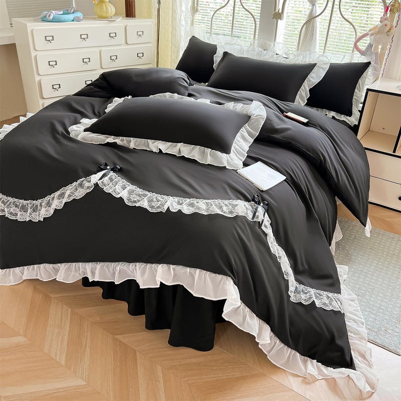 MOOWOO Chic Lace Ruffled Bedding Set with Cute Bowtie,Girls Vctoria Princess Style Bedding-2 Piece Twin Duvet Cover with Zipper Closure -Ultra Soft and Light Weight-No Comforter - Image 3