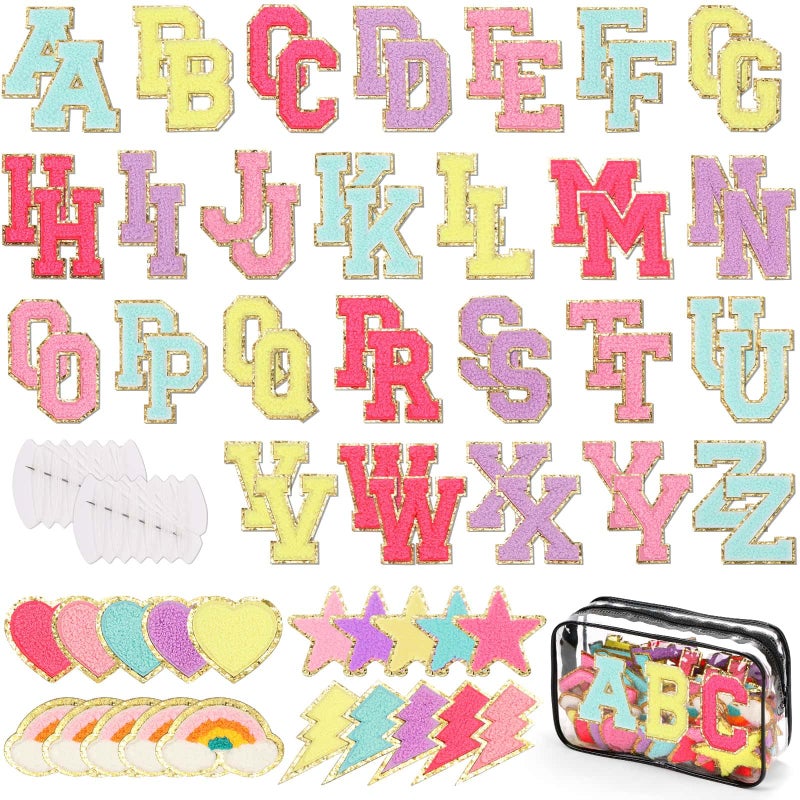 Thrilez Iron on Chenille Letters Patches, 72 Pcs Self Adhesive Patches Alphabets 2.2 Inch Sew on Patches Varsity Initial Fabric Stickers Fuzzy Towel Embroidered Patches for Clothing Caps - Image 1