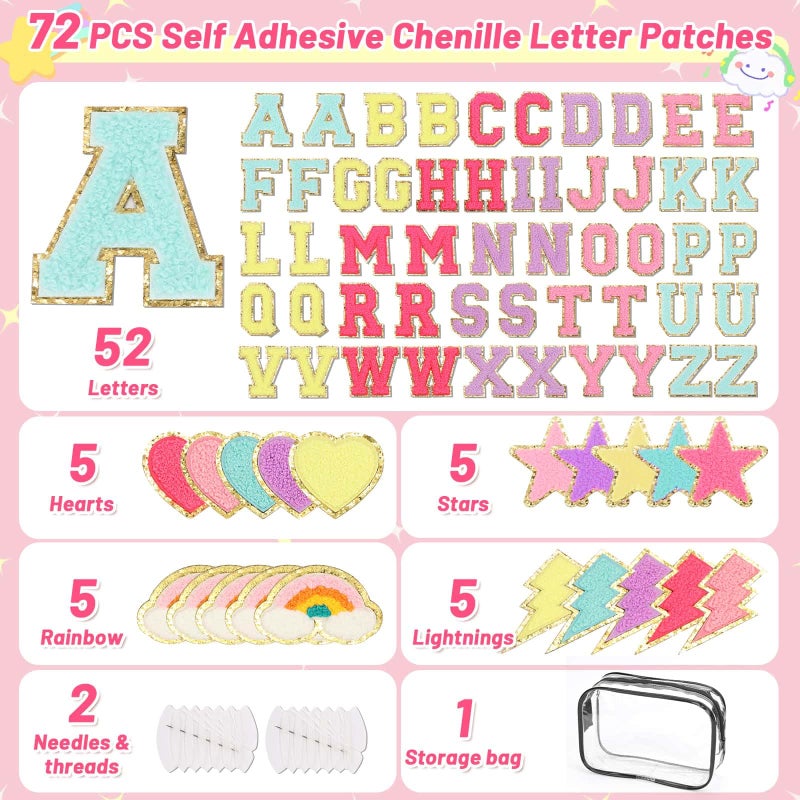 Thrilez Iron on Chenille Letters Patches, 72 Pcs Self Adhesive Patches Alphabets 2.2 Inch Sew on Patches Varsity Initial Fabric Stickers Fuzzy Towel Embroidered Patches for Clothing Caps - Image 3