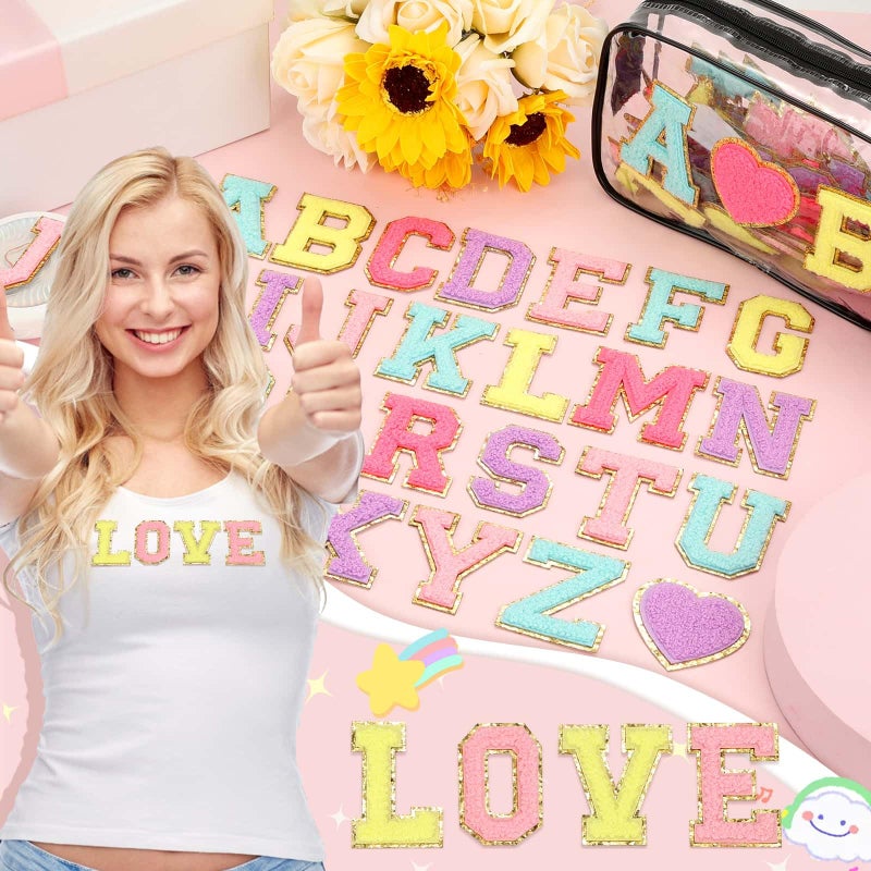 Thrilez Iron on Chenille Letters Patches, 72 Pcs Self Adhesive Patches Alphabets 2.2 Inch Sew on Patches Varsity Initial Fabric Stickers Fuzzy Towel Embroidered Patches for Clothing Caps - Image 2