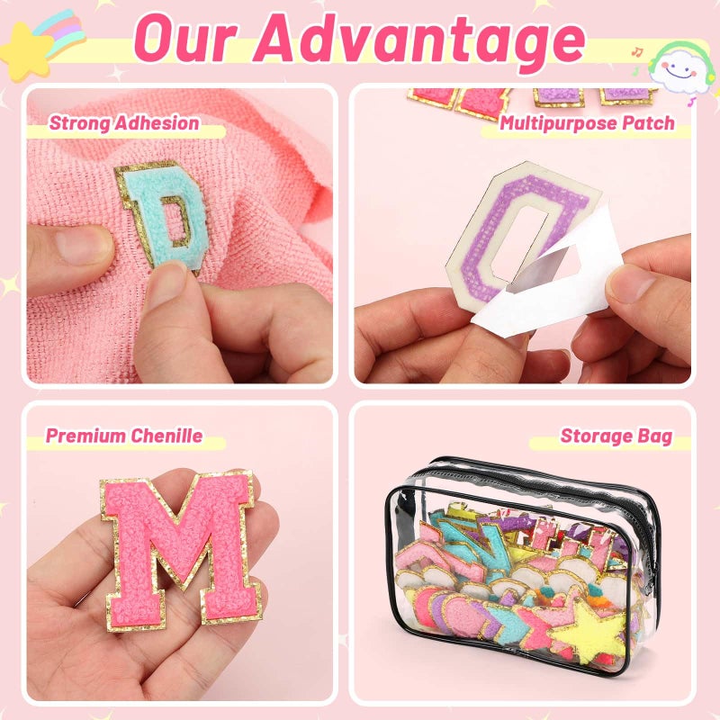 Thrilez Iron on Chenille Letters Patches, 72 Pcs Self Adhesive Patches Alphabets 2.2 Inch Sew on Patches Varsity Initial Fabric Stickers Fuzzy Towel Embroidered Patches for Clothing Caps - Image 4