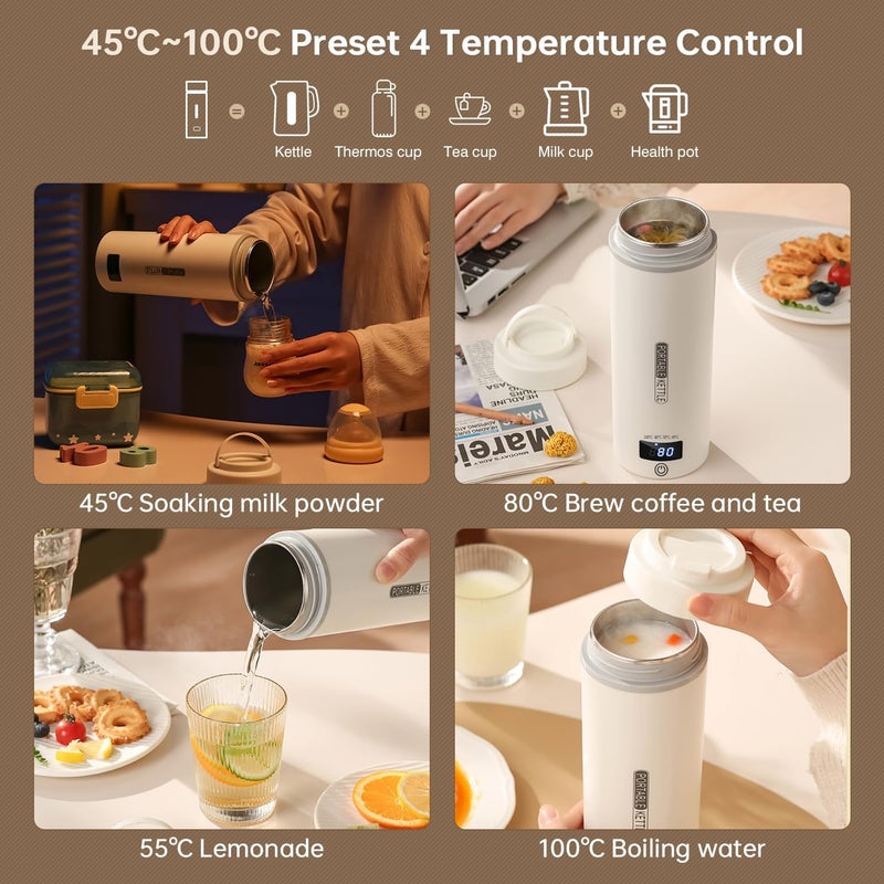 Perfin Travel Electric Kettle 500ml Portable Mini Tea Coffee Kettle Cup with 4 Temperature Settings, Small Water Boiler 304 Stainless Steel, Auto Shut-off&Insulation Protection - Image 3