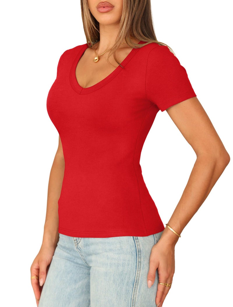 Sampeel Valentines Shirts for Women Short Sleeve Shirts 2026 V Neck Tshirts Shirts Summer Outfits Dressy Casual Ladies Top and Blouses Elegant Christmas Red M - Image 3