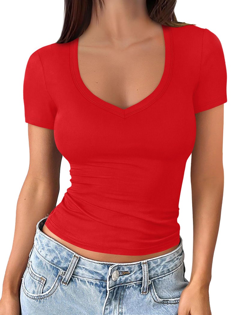 Sampeel Valentines Shirts for Women Short Sleeve Shirts 2026 V Neck Tshirts Shirts Summer Outfits Dressy Casual Ladies Top and Blouses Elegant Christmas Red M - Image 2