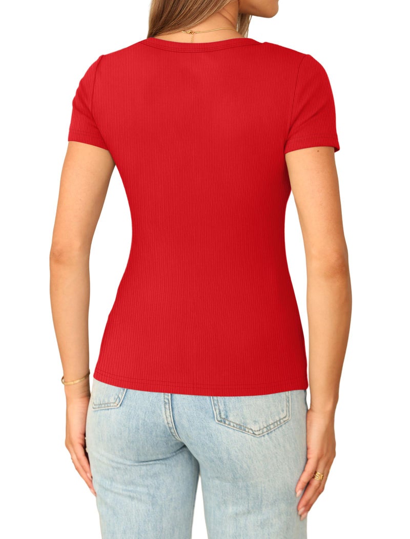 Sampeel Valentines Shirts for Women Short Sleeve Shirts 2026 V Neck Tshirts Shirts Summer Outfits Dressy Casual Ladies Top and Blouses Elegant Christmas Red M - Image 4