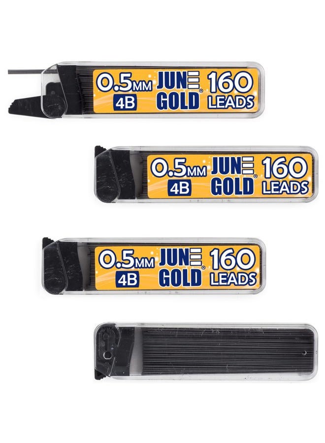 June Gold 640 Pieces, 0.5 mm 4B Lead Refills, 160 Pieces Per Dispenser, Fine Thickness, Break Resistant Lead/Graphite (Pack of 4 Dispensers) - Image 1