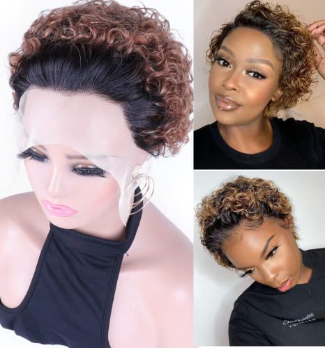 Profairsor Ombre Short Pixie Cut Lace Front Wigs Human Hair for Black Women 150 Density Short Curly Lace Front Wigs Human Hair 13x1 Transparent Pixie Cut Lace Wig Pre Plucked Glueless Curly Lace Wig T30 - Image 5