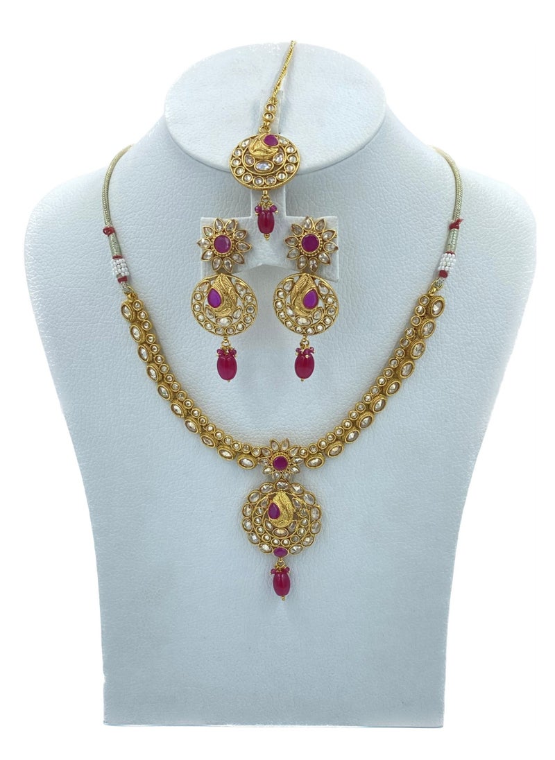 GOHONA GOHONA Royal Bling Bollywood Traditional Indian  Jewelry Necklace With Earrings Set and 1 Tikka in Magenta colour  - Image 1