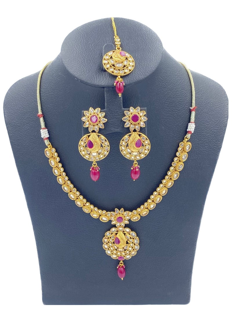 GOHONA GOHONA Royal Bling Bollywood Traditional Indian  Jewelry Necklace With Earrings Set and 1 Tikka in Magenta colour  - Image 2