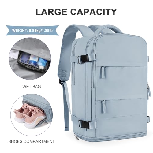 coowoz Large Travel Backpack For Women Men,Carry On Backpack Flight Approved,Hiking Backpack Waterproof Outdoor Rucksack Casual Daypack Fit 15.6 Inch Laptop Shoes Compartment,30L (Gray Blue) - Image 4