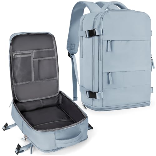 coowoz Large Travel Backpack For Women Men,Carry On Backpack Flight Approved,Hiking Backpack Waterproof Outdoor Rucksack Casual Daypack Fit 15.6 Inch Laptop Shoes Compartment,30L (Gray Blue) - Image 1