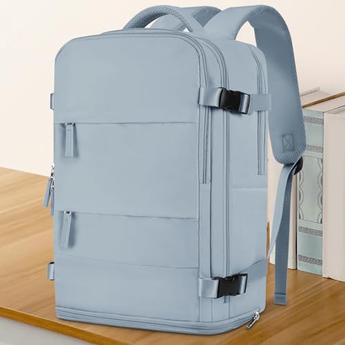 coowoz Large Travel Backpack For Women Men,Carry On Backpack Flight Approved,Hiking Backpack Waterproof Outdoor Rucksack Casual Daypack Fit 15.6 Inch Laptop Shoes Compartment,30L (Gray Blue) - Image 2