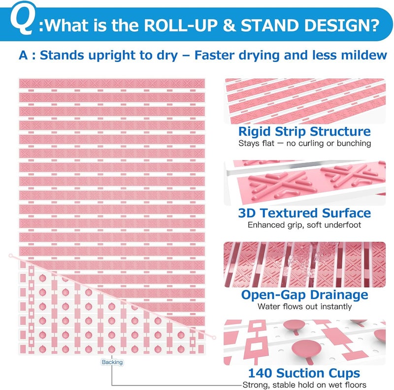 Matace Non Slip Rubber Bathtub & Shower Mat with Suction Cups, Thick Textured Surface, Fast Drain and Upright Drying Design, No Pooling Water for Better Hygiene, 27 x 16 Inch, Pink - Image 3