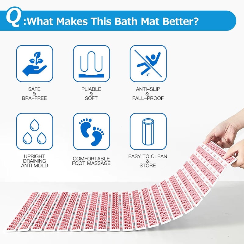 Matace Non Slip Rubber Bathtub & Shower Mat with Suction Cups, Thick Textured Surface, Fast Drain and Upright Drying Design, No Pooling Water for Better Hygiene, 27 x 16 Inch, Pink - Image 2