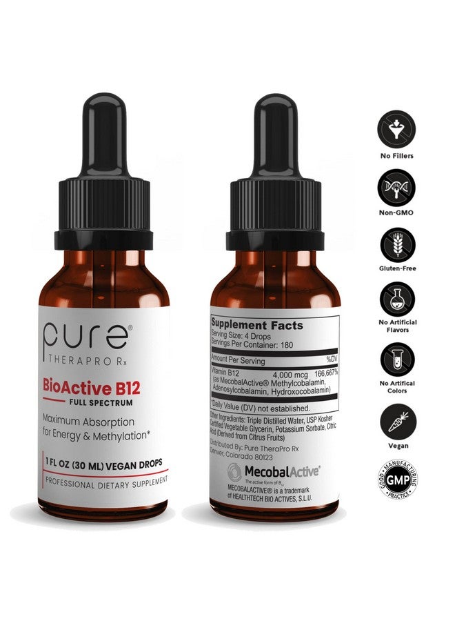 Pure Therapro Rx Bioactive Vegan Vitamin B12 Sublingual Liquid Supplement (4 Drops A Day For A 180Day Supply) B12 Liquid Vitamin Drops With Hydroxocobalamin Adenosylcobalamin & Methylcobalamin 1000 Mcg Per Drop - Image 3