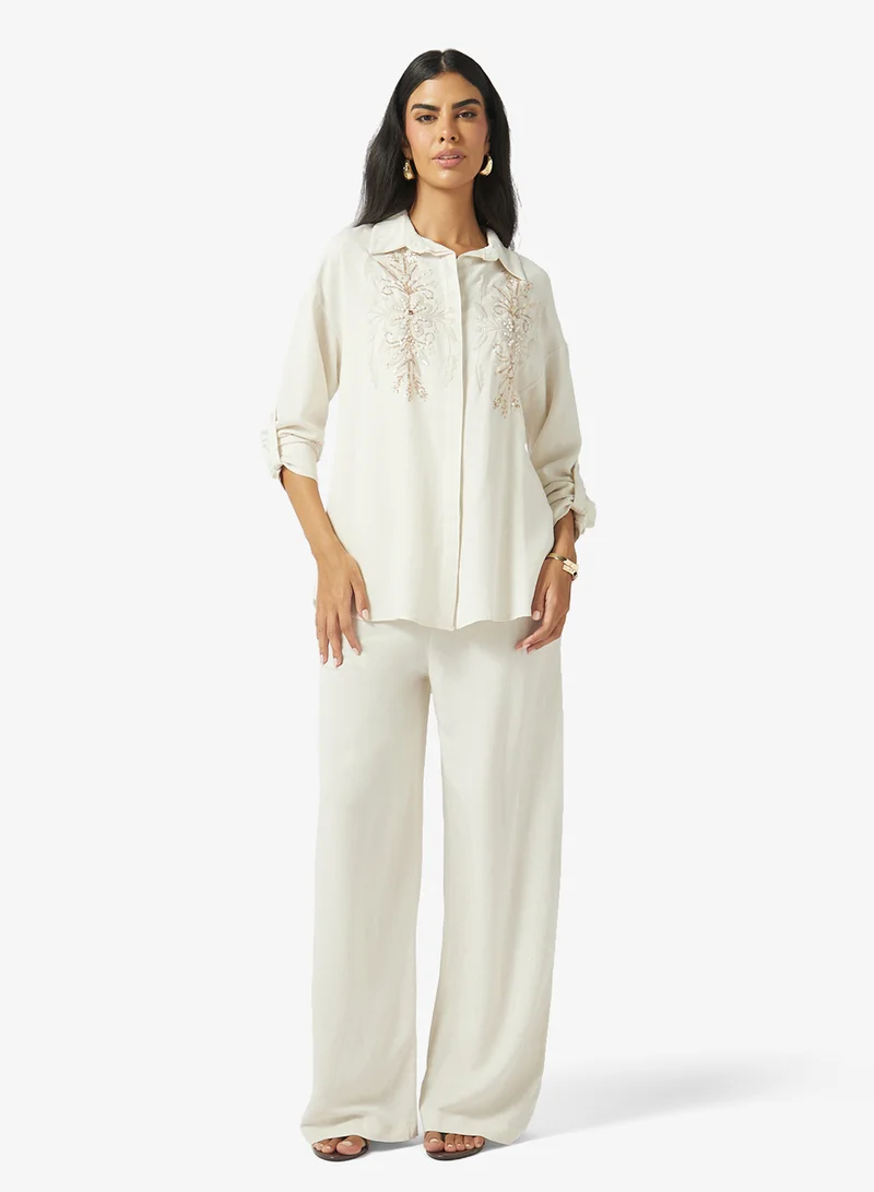 Embroidered Shirt & Wide-Leg Pants Co-Ord Set