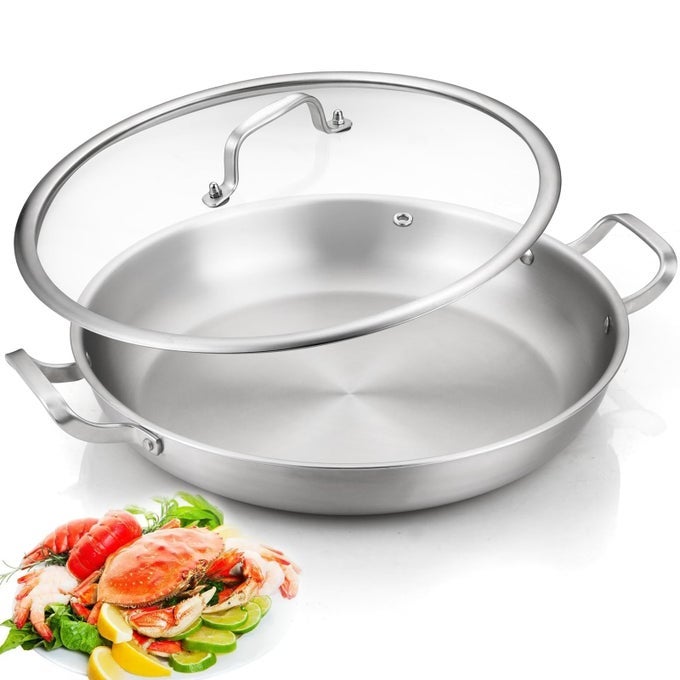 PAELLA PAN 14 INCH TRIPLY STAINLESS STEEL PAELLA PAN WITH LID JUMBO FRYING PAN KITCHEN INDUCTION LARGE SKILLETSGREAT FOR PAELLA PARTIES INDOORS OUTDOORSHEAVY DUTY STYLE