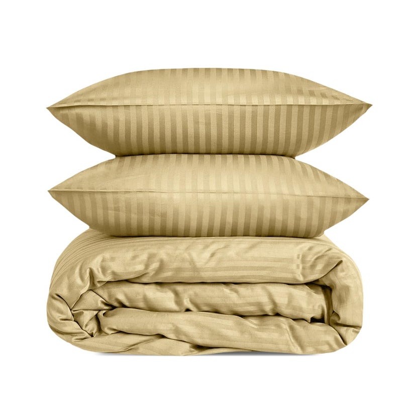 Luxury Satin Stripe Duvet Cover Set 1cm Stripes – Soft Cotton Hotel Bedding, Breathable, Durable, Elegant Design (Beige, King (U.K. Standard)) size 240x250 cm
