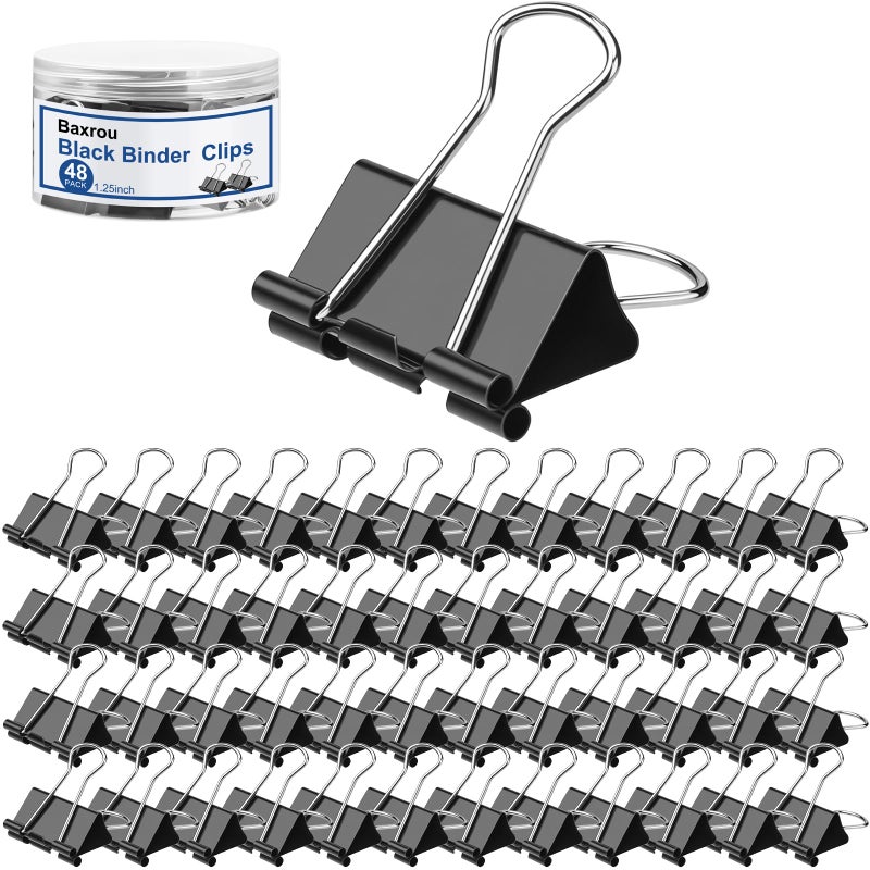 Baxrou Medium Binder Clips 1.25 Inch (48 Pack) with Container,Binder Clips Big Paper Clips Clamps for Office and Home Supplies, Black - Image 1
