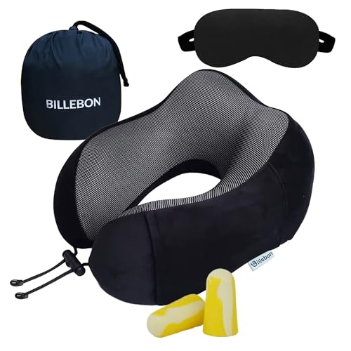 Billebon Neck Pillow for Travel – Comfortable Memory Foam Support, U-Shape Ergonomic Design, Portable for Flight Journeys, Lightweight Compact Build, Soft Washable Cover (Black with Eye Mask) - Image 1