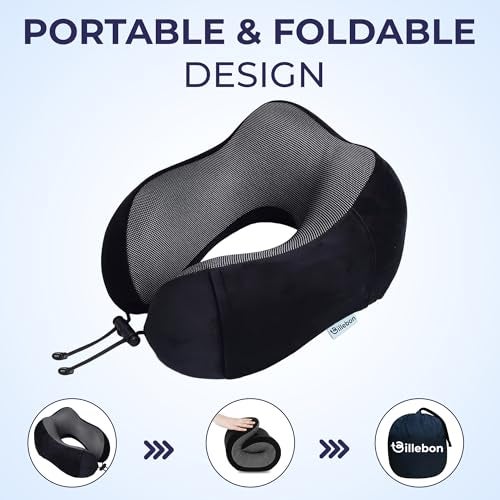 Billebon Neck Pillow for Travel – Comfortable Memory Foam Support, U-Shape Ergonomic Design, Portable for Flight Journeys, Lightweight Compact Build, Soft Washable Cover (Black with Eye Mask) - Image 4