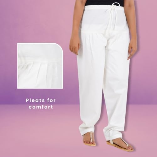 Happy Bunny Cotton Salwar Pant for Women, Modern Semi Patiala Ethnic Trousers with Drawstring, Comfortable Office Home Wear Ladies Pants (LG, Off White) - Image 3