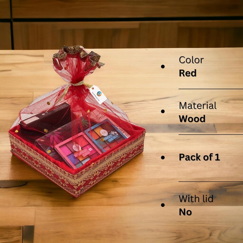 SANWALSA Wood (Small, 8X8X2 Inch, Square) Mdf Base Designer Gift Hamper Packaging Baskets With Net Cover, Gift Hamper Organiser Perfect For Any Occasion (Red) - Image 2