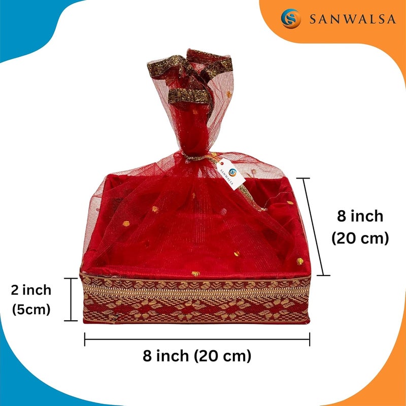 SANWALSA Wood (Small, 8X8X2 Inch, Square) Mdf Base Designer Gift Hamper Packaging Baskets With Net Cover, Gift Hamper Organiser Perfect For Any Occasion (Red) - Image 4