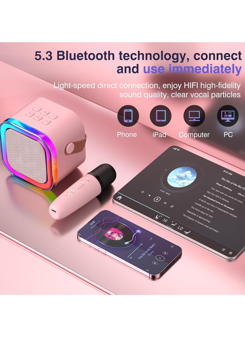FLOWING Mini Karaoke Machine for Kids Adults, Portable Bluetooth Karaoke Speaker with 2 Wireless Mics and LED Color Lights,Karaoke Gifts for Girls and Boys Birthday Home Party(Pink)  - Image 4