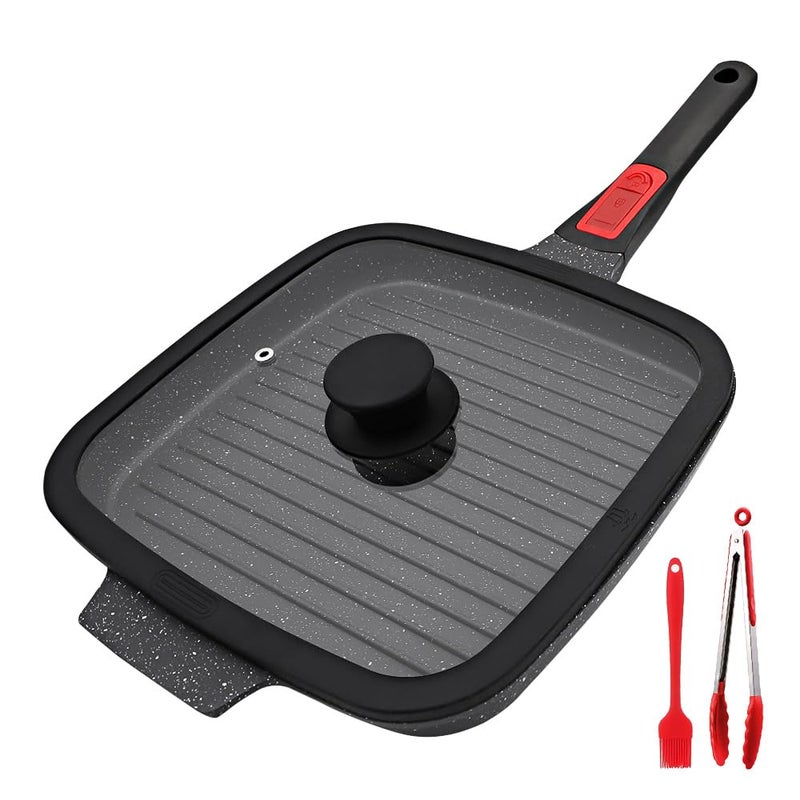 RANX INGST Griddle Pan with Lid, 10 Inch Cast Aluminium Non Stick Grill Pan with Detachable Handle for Induction Hob, Black - Image 1